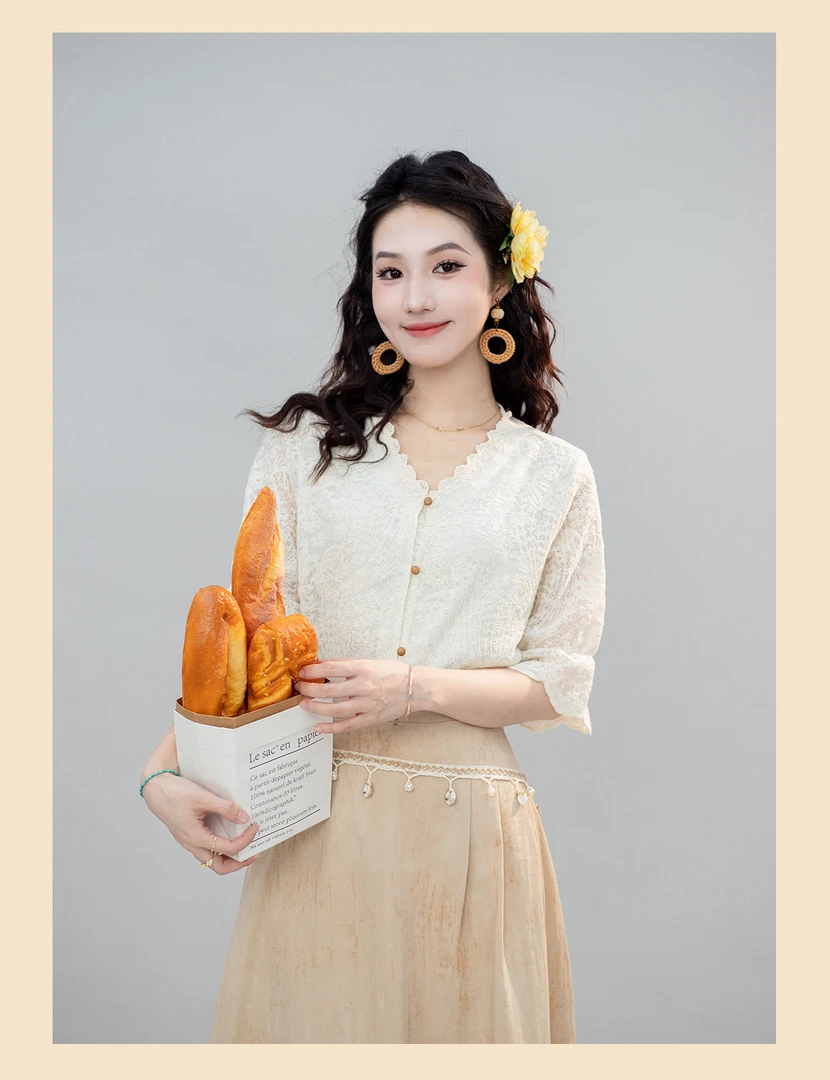 小小复古  【花间晴】衬衫上衣蕾丝夏季小众法式复古港风短袖#4070