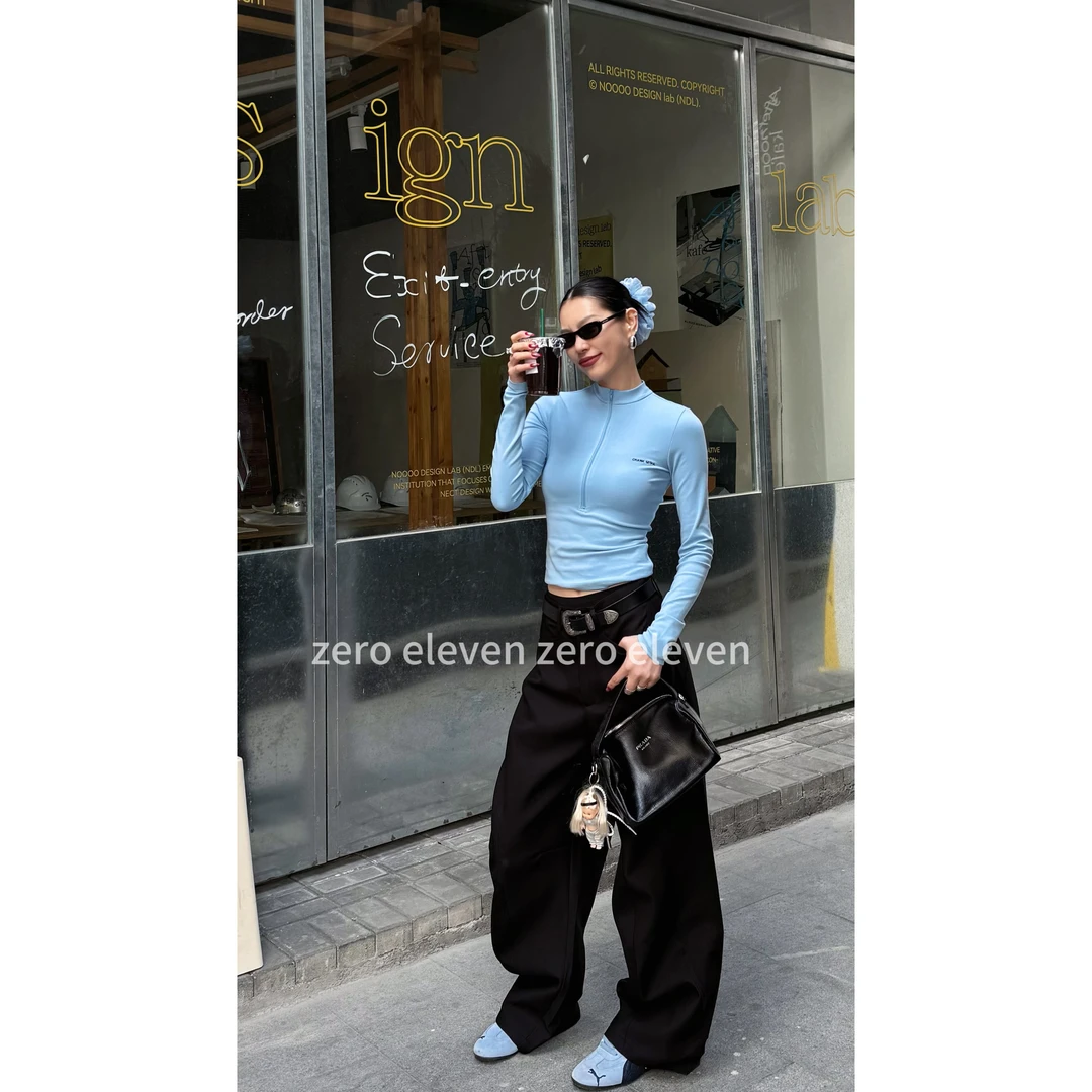 zero eleven定制气质修身显瘦字母刺绣半拉链打底衫T恤女 QMC1058