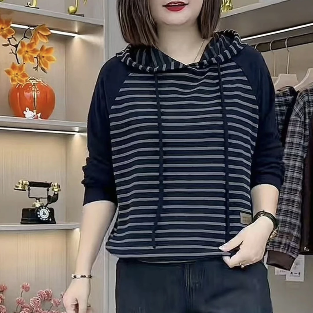 秋季新款时尚百搭条纹显瘦连帽卫衣韩版气质宽松休闲拼接女士上衣