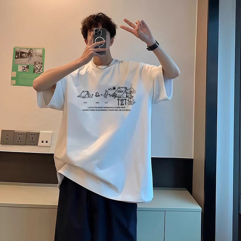 重磅纯棉男士圆领潮流ins短袖半袖小众夏季卡通印花短袖T恤百搭款