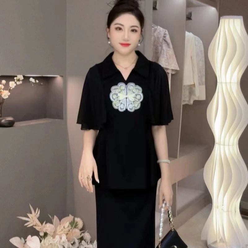 6631 定制夏季新款国风套装大码遮肉款刺绣重工 上衣+半身裙