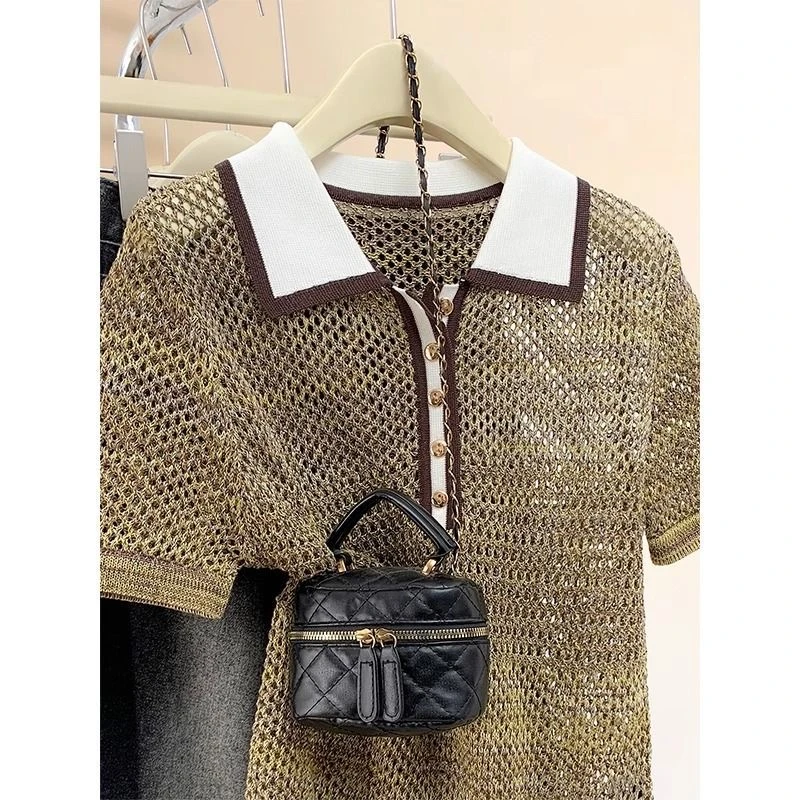 简依会2025老钱风短袖针织镂空POLO领奶茶系T恤减龄撞色夏季百搭