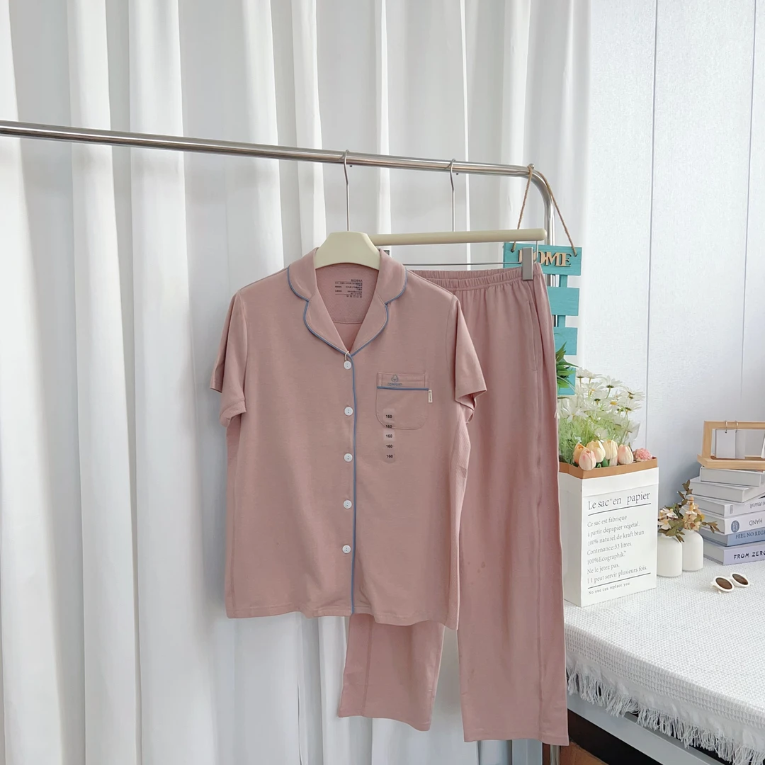女士夏季coolmax干爽棉短袖长裤开襟居家服套装122