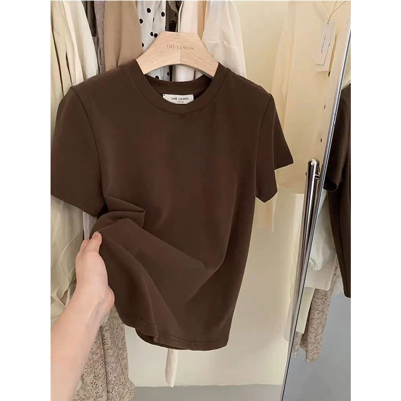 2025新款正肩简约磨毛短袖t恤女时尚百搭减龄咖啡色显瘦上衣夏季