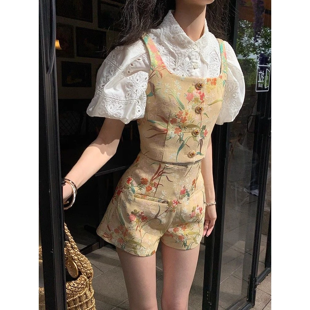 老钱风松弛感女装贵气K卢浮花鸟 刺绣提花短款马甲a字短裤复古精