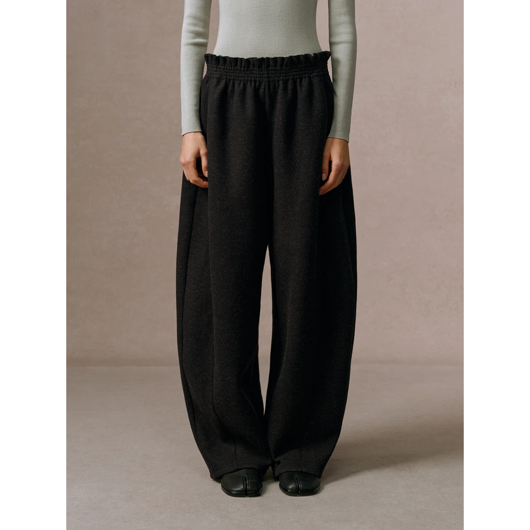 华吉言/HUAJIYAN【弧度】木耳边弹力牛津松紧腰休闲厚款弯刀卫裤