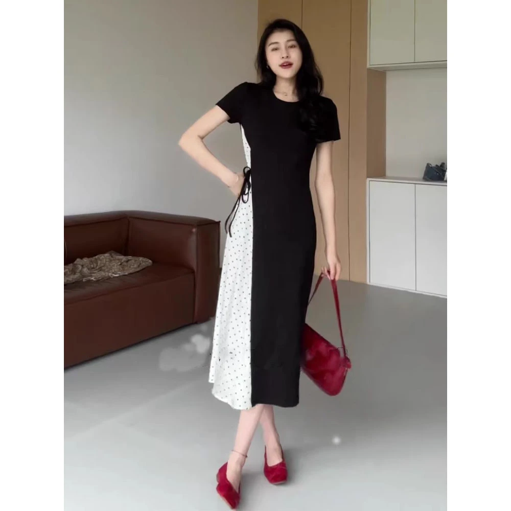 法式拼接波点连衣裙女夏季新款大码胖MM温柔风甜美减龄系带中长裙