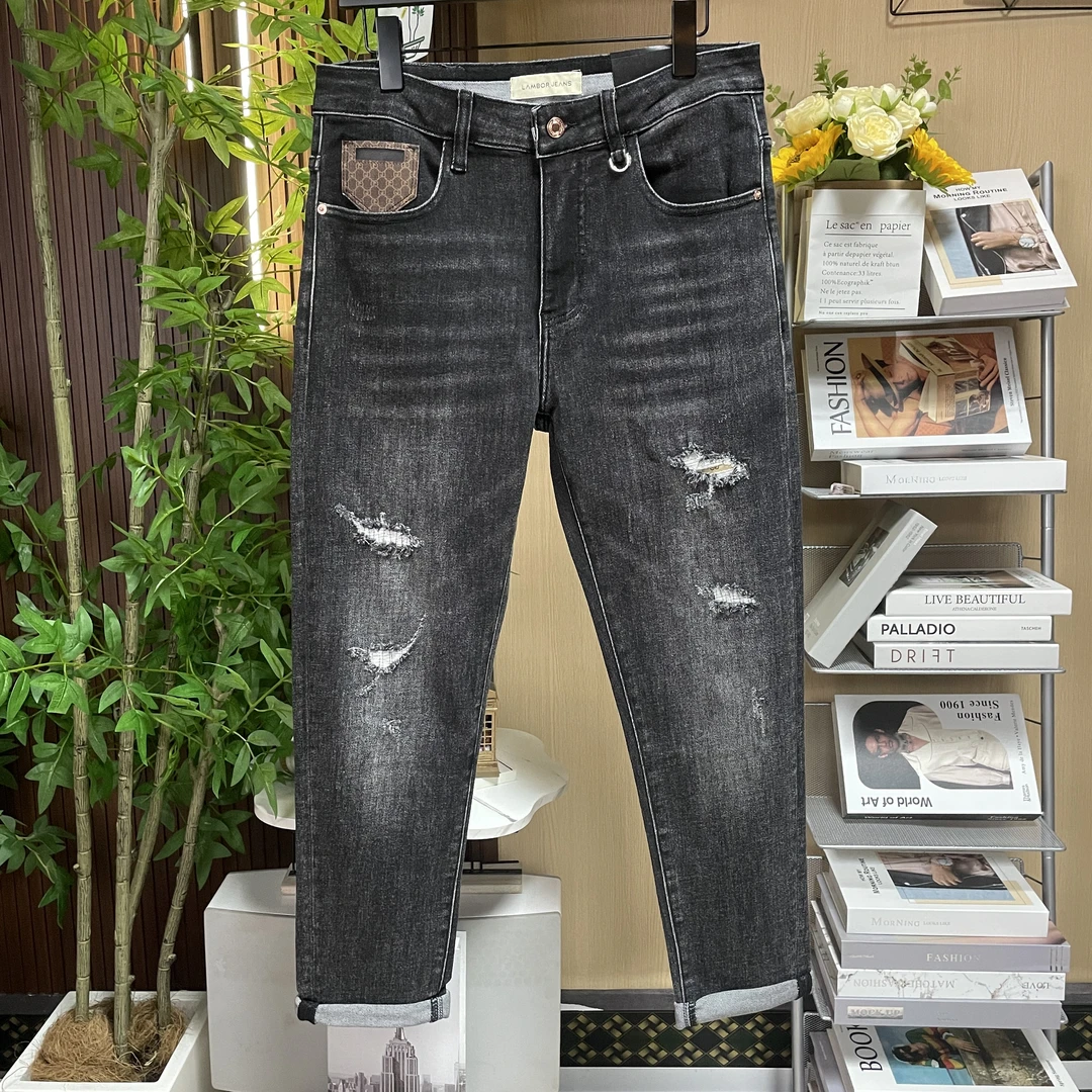 【修身小脚】男士黑灰色春秋款弹力牛仔裤水洗破洞修身小脚休闲裤子