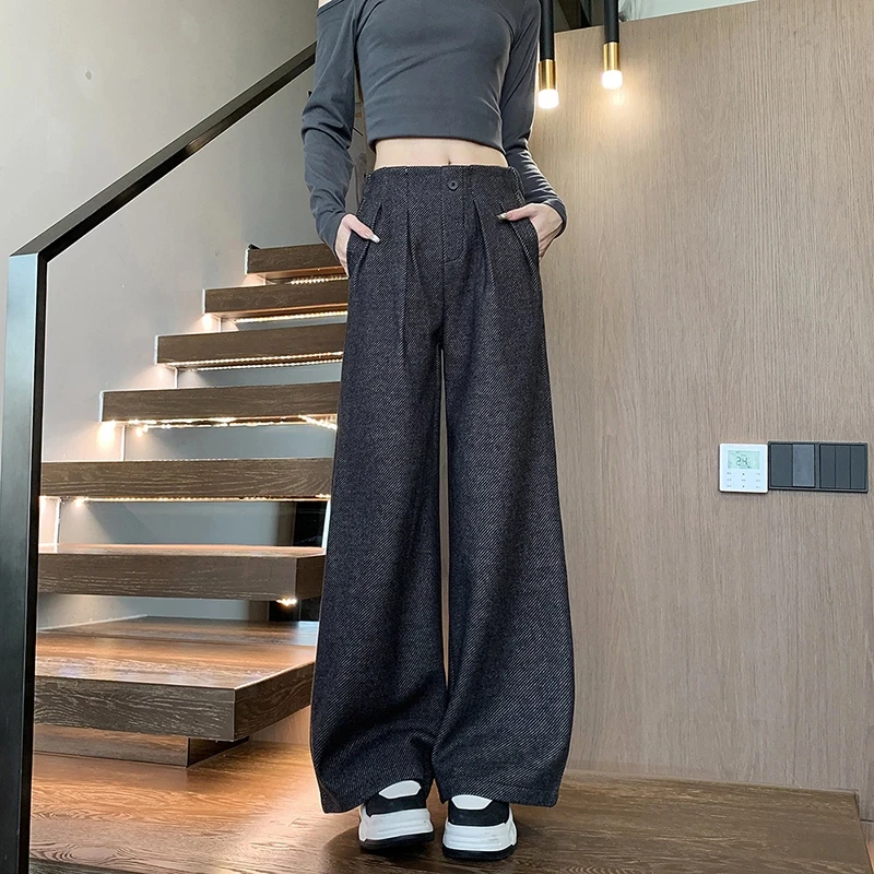 2024冬季韩版加厚斜纹毛呢羊绒阔腿裤显瘦毛呢阔腿裤HMYG-25