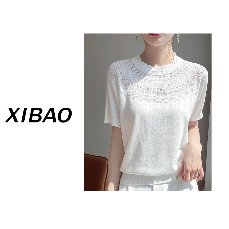 【歌剧魅影】 精美镂空钩针蚕丝圆领短袖宽松早春上衣针织衫