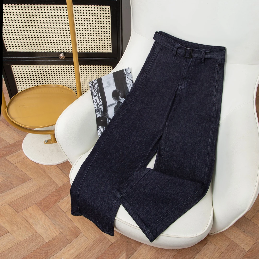 黑金色高腰阔腿牛仔裤女秋季设计感腰带宽松显瘦垂感直筒拖地长裤