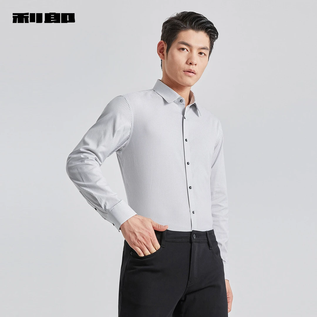 利郎官方 长袖衬衫男士棉条纹商务时尚2025春翻领男装正装衬衣男