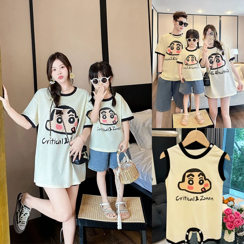 亲子装夏装新款全家装卡通印花短袖T恤儿童婴儿爬服连体衣7584