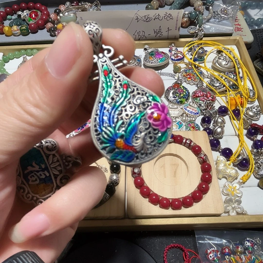 吊坠足银珐琅凤穿牡丹