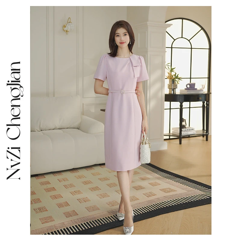 女子成鉴 粉色高级感千金风连衣裙轻奢质感蝴蝶结连衣裙S-WQ201