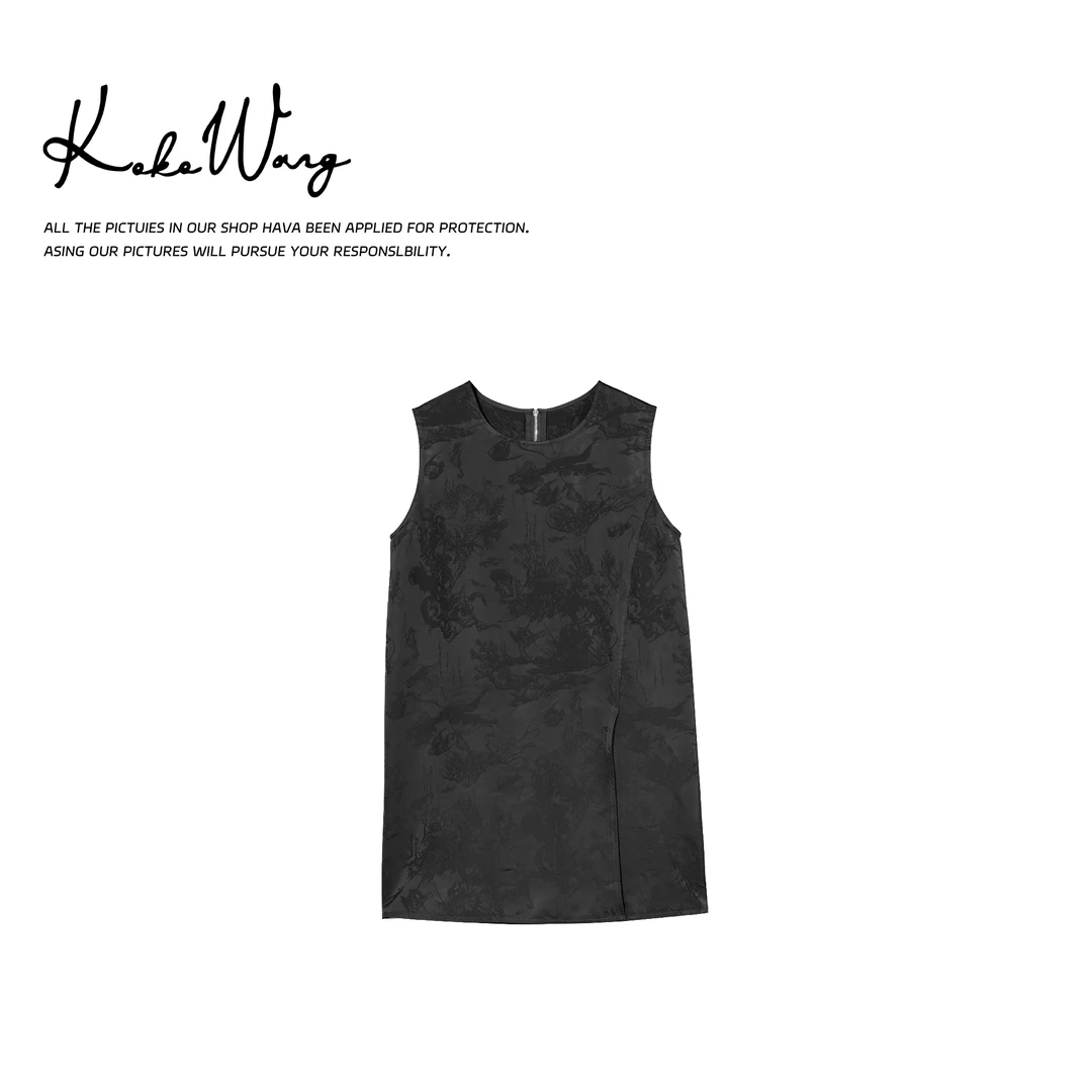 KOKOWANG创意提花侧开叉遮肉显瘦中长款上衣背心裙502445C25T41-1