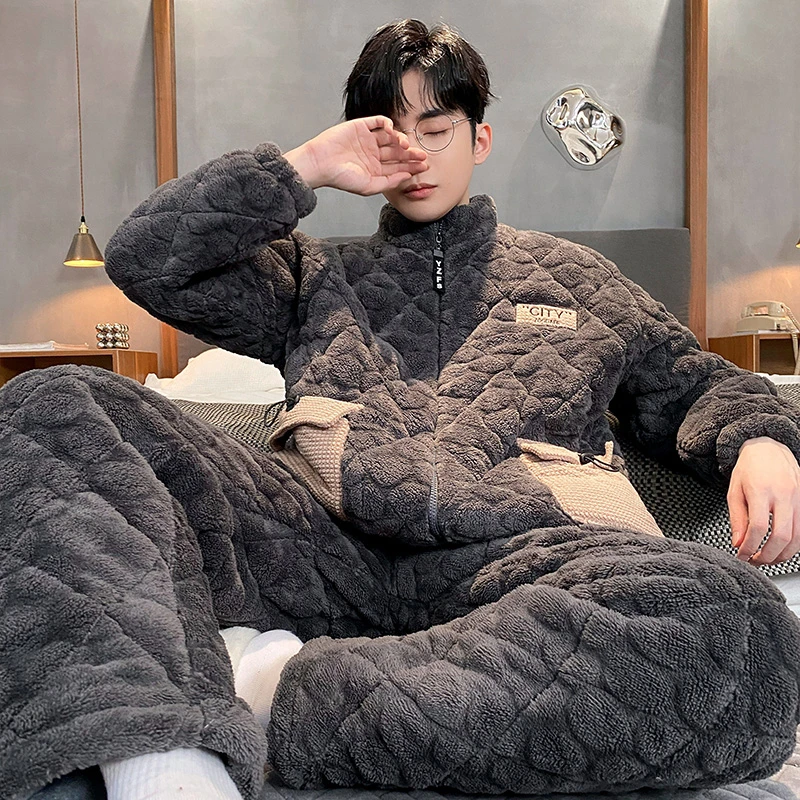 睡衣男士冬季加厚加绒三层夹棉超厚秋冬款珊瑚绒棉袄家居服套装