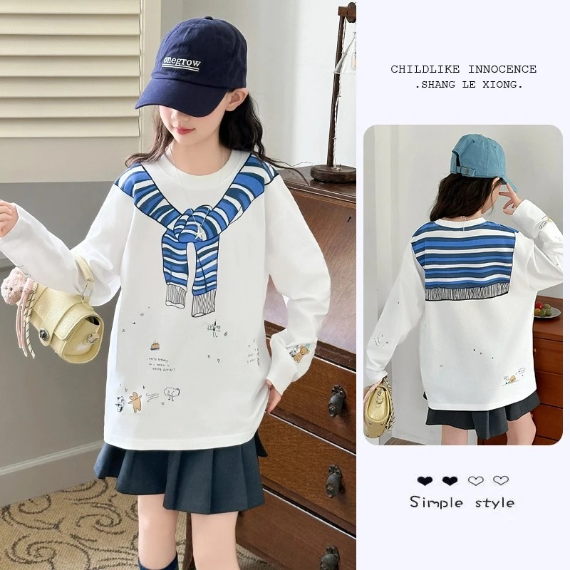 女童2025白色t恤卡通印花长袖打底衫上衣秋新款韩系儿童早秋卫衣