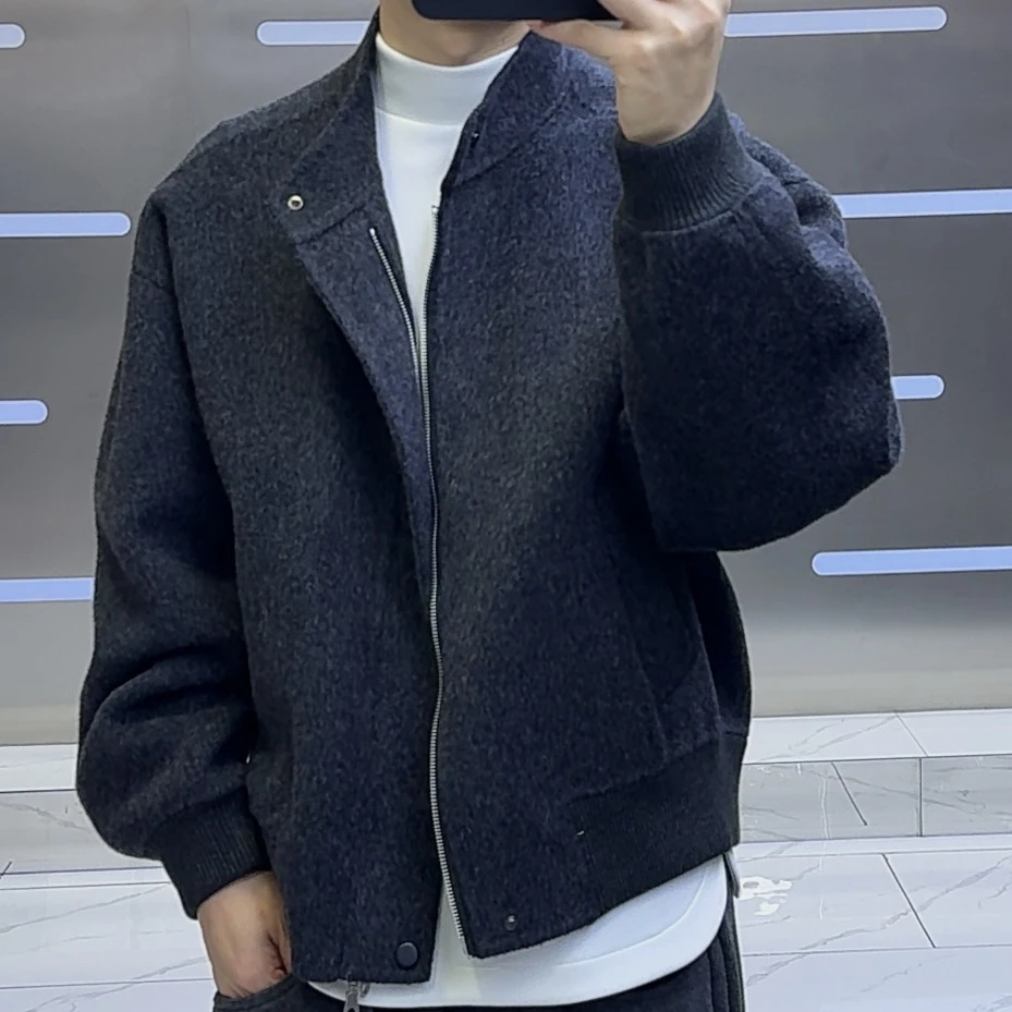 秋冬季男士立领短款羊毛双面呢潮流百搭夹克外套宽松加厚
