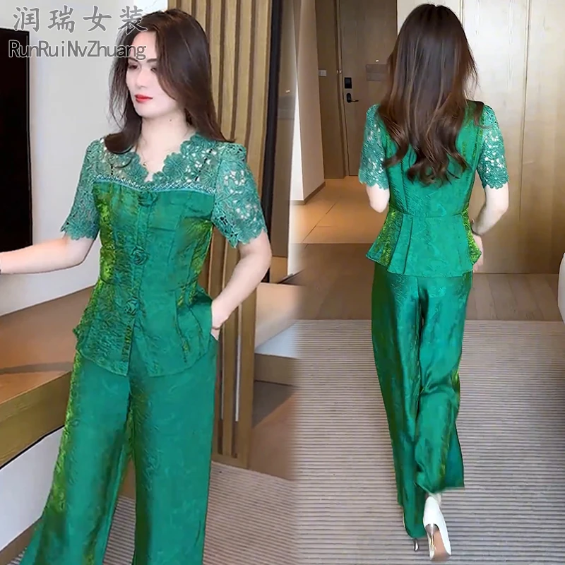 新中式时尚套装女2025夏季新款减龄收腰蕾丝拼接衬衫阔腿裤两件套