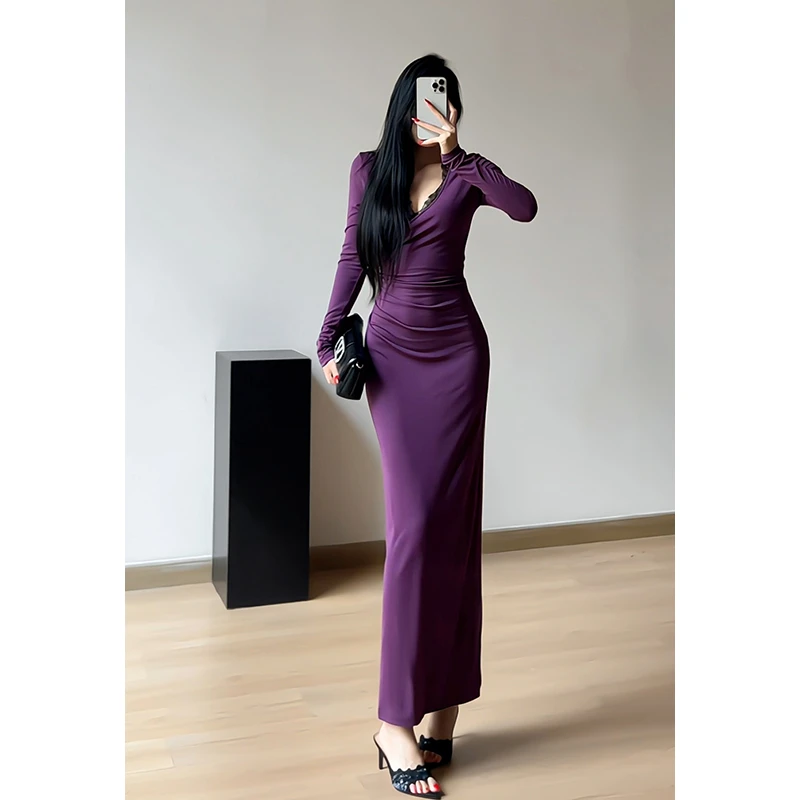 纯欲性感蕾丝领边长袖连衣裙女V领紫色修身包臀长裙早秋鱼尾裙