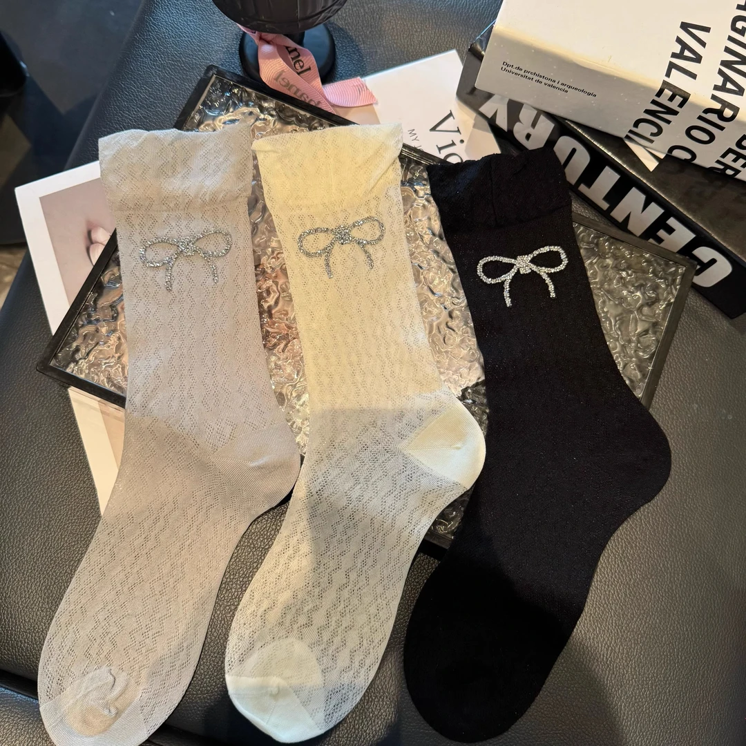 夏季薄透格雷系网眼袜子女中筒袜烫钻蝴蝶结少女心花边透气堆堆袜