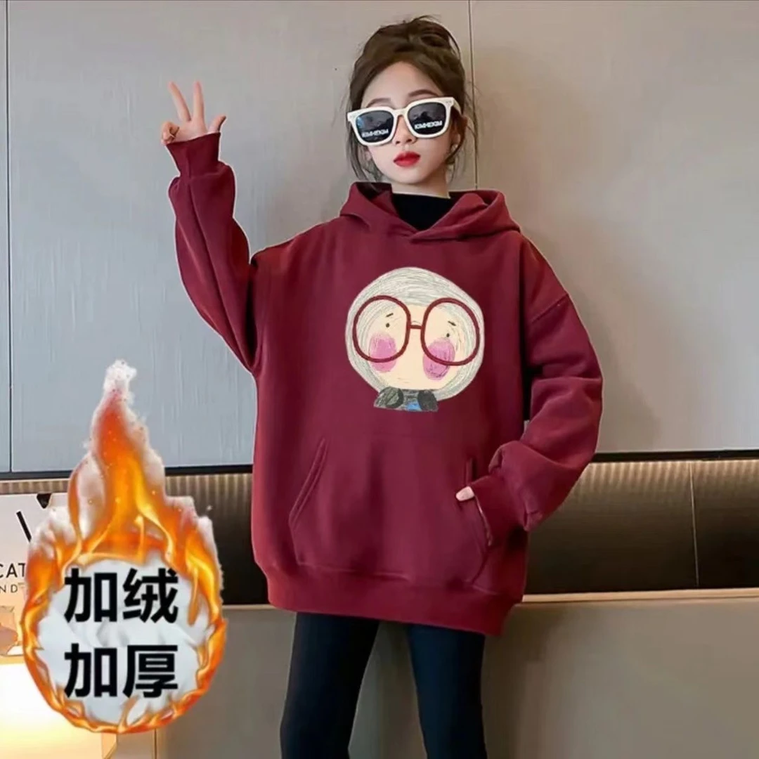 男女童宽松酒红色卫衣秋冬加绒卫衣外套秋冬加厚款卫衣男女童