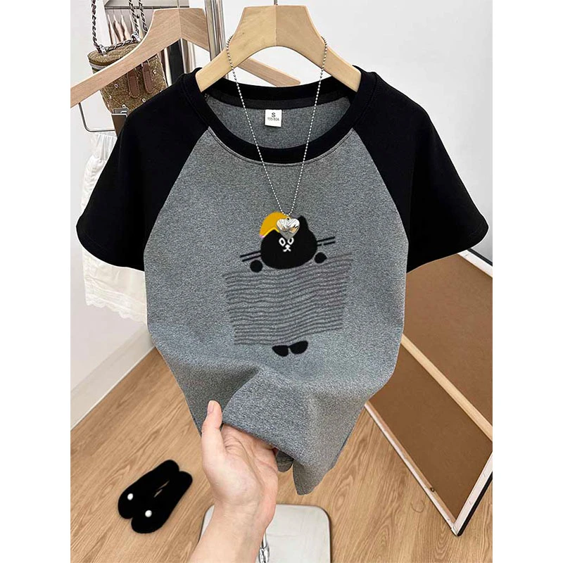 正肩拼色磨毛加厚短袖t恤女春夏2025新款时尚百搭洋气打底衫上衣