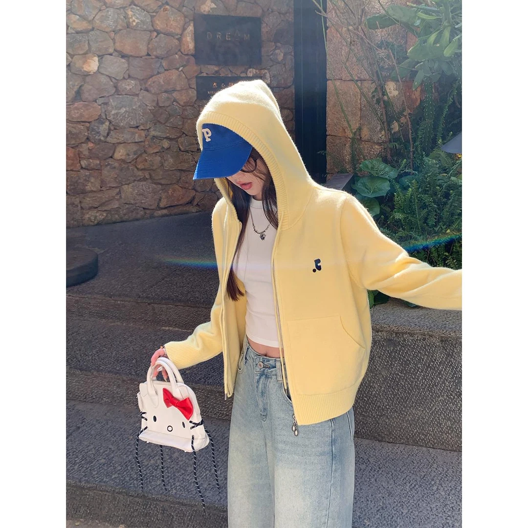 独特漂亮外套连帽卫衣女2025新款开衫黄色针织衫毛衣开春上衣