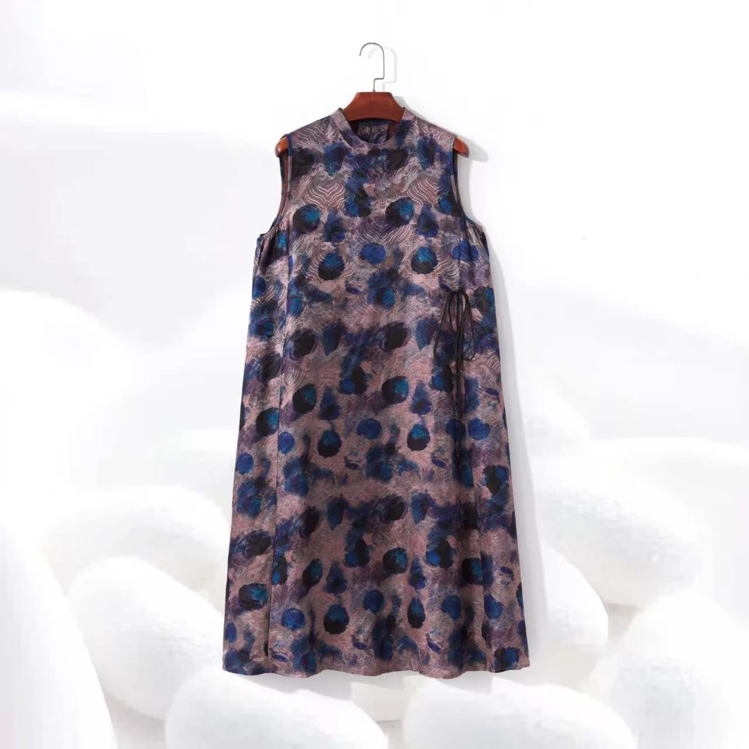 【蓝陵海浪】100%桑蚕丝香云纱背心裙宽松长连衣裙子 KP769