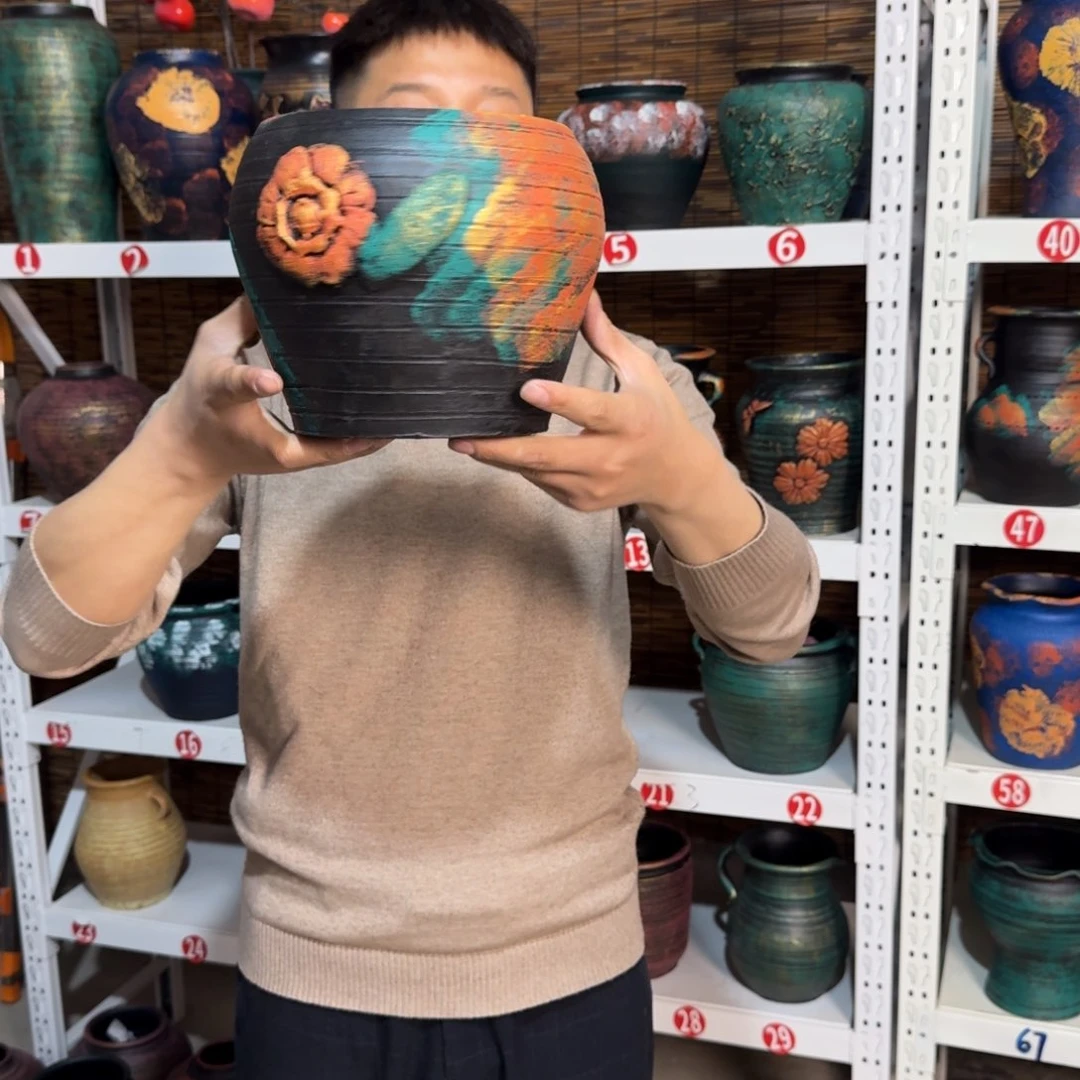 红陶浮雕花盆炸炸炸了