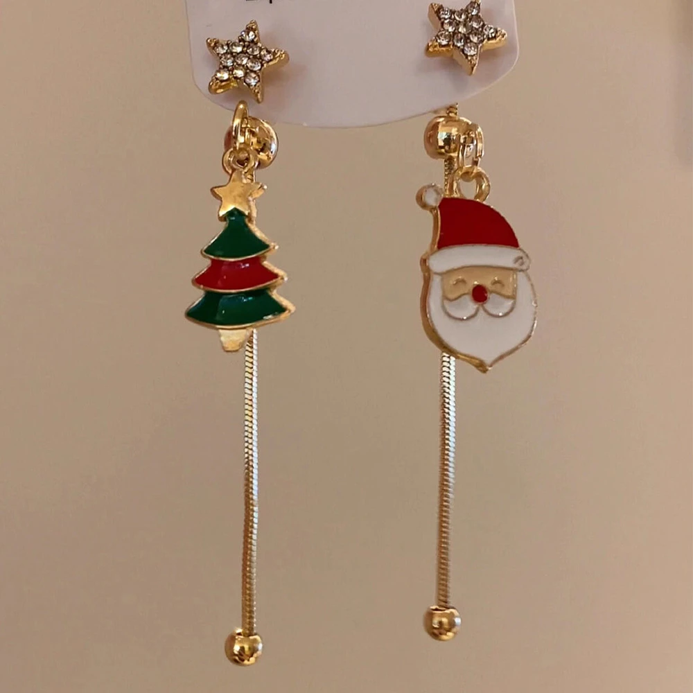 铜合金耳饰 圣诞节氛围感不对称圣诞老人耳环女甜美可爱长款耳饰