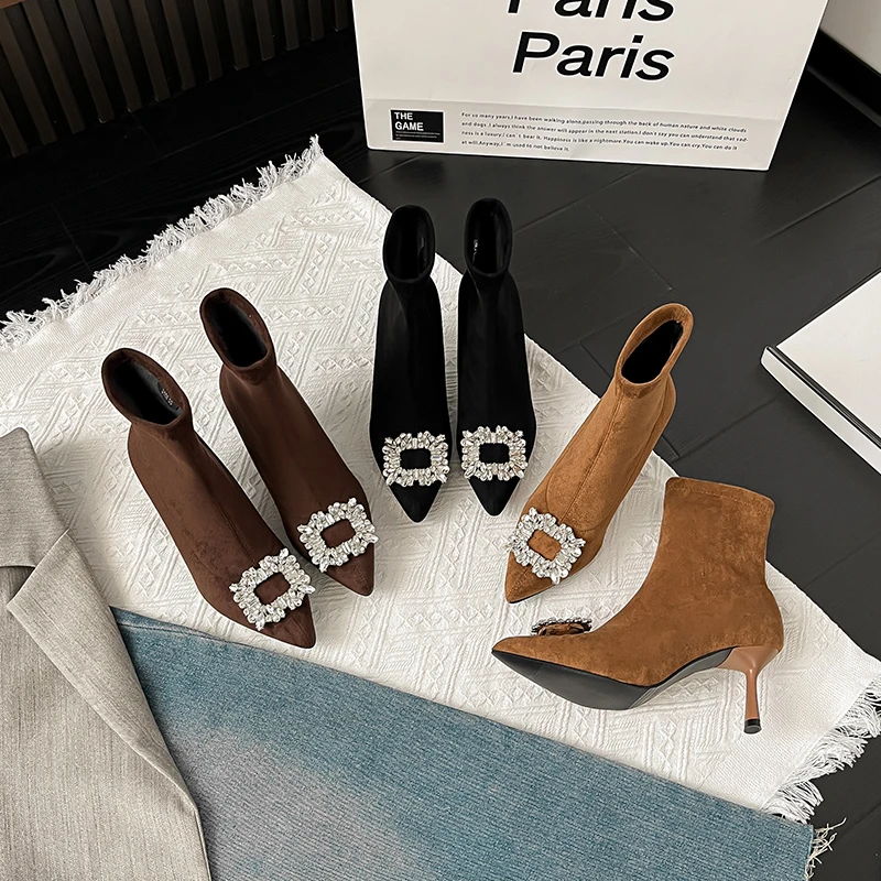 2024年秋冬绒面弹力靴细高跟水钻方扣尖头时尚经典百搭瘦瘦靴女靴