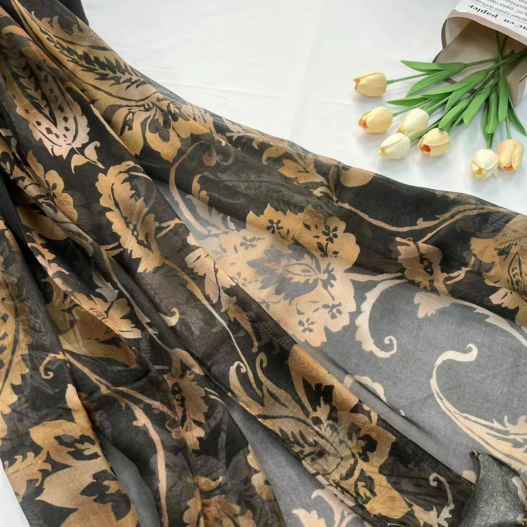 西丽纱长巾-黑棕枝叶