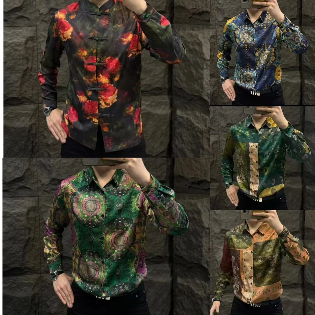 男士春夏款长袖 网红时尚印花休闲百搭个性潮流 新中式衬衣衬衫