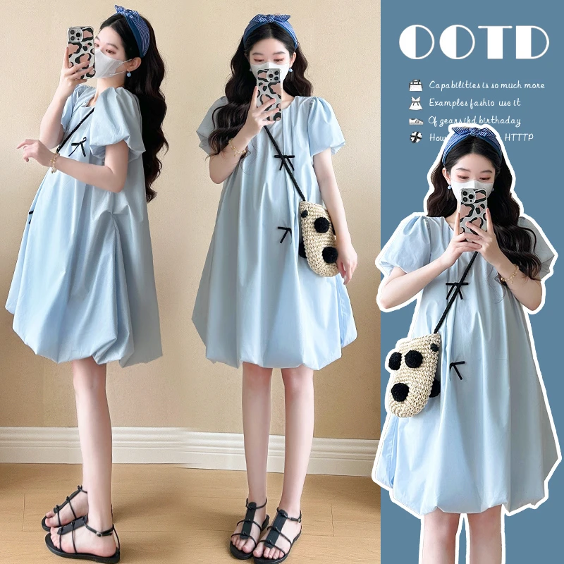 孕妇潮流夏装连衣裙新款洋气短袖小个子裙子孕妈孕妇夏季套装