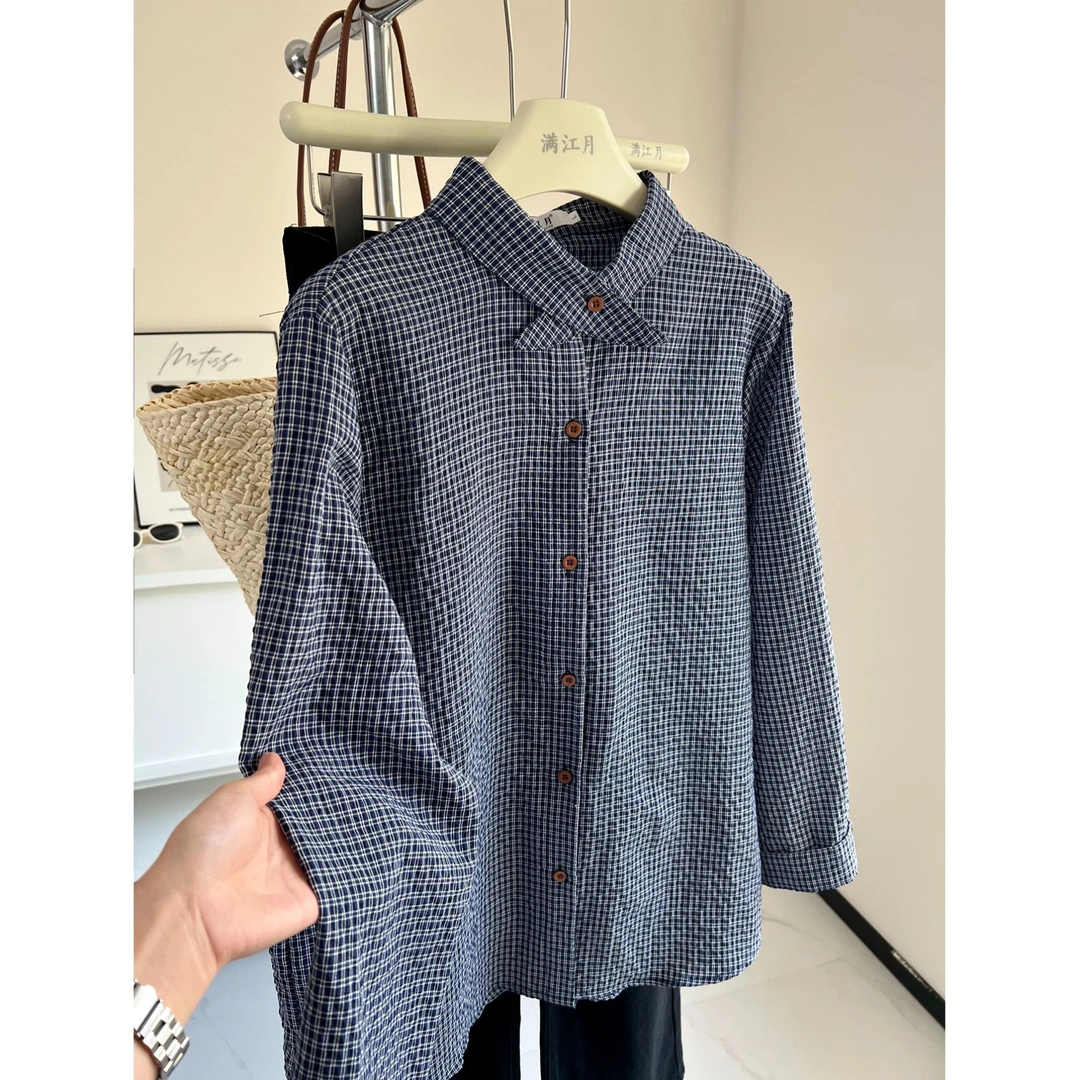 美式复古长袖蓝色格纹纽扣衬衫女时尚新款学院风宽松休闲百搭衬衣