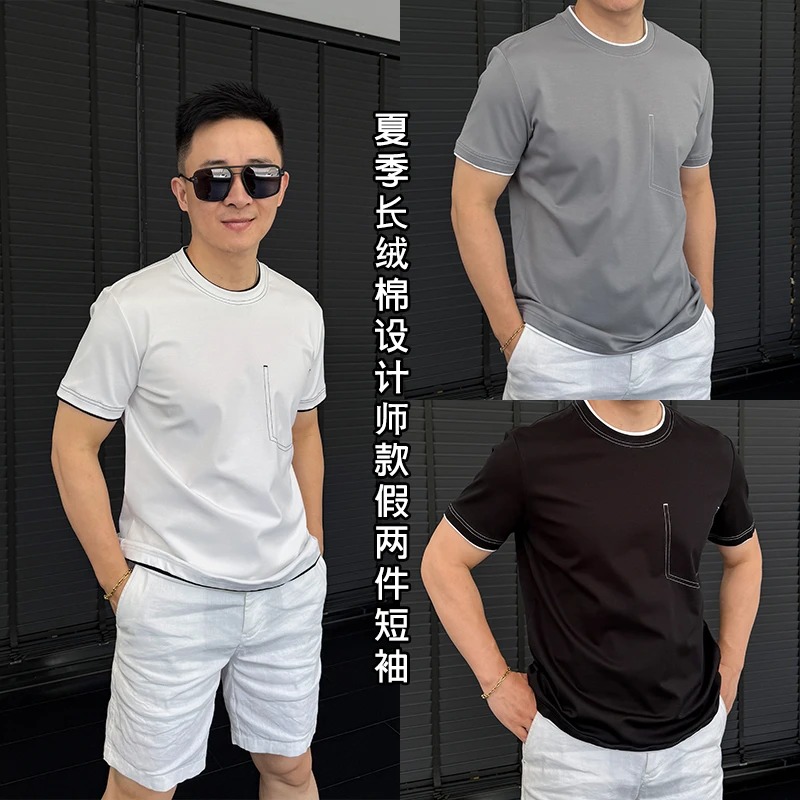徐先生出品夏季长绒棉设计师款假两件短袖251001【杜恩】