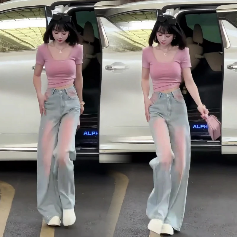 腮红渐变窄版阔腿牛仔裤女2025秋季新款设计感宽松直筒显瘦拖地裤