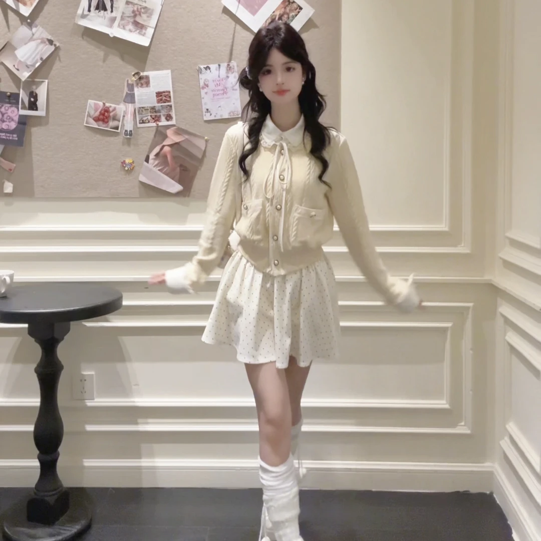 栗子团少女蛋黄派派【秋季新品】甜美软糯娃娃领针织外套千金风短裙