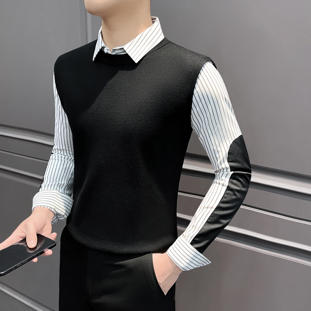 假两件男士衬衫秋冬款痞帅高级感男装打底衫商务休闲条纹男款衬衣