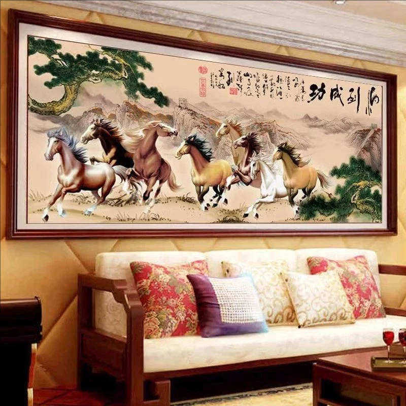 纯手工绣好的十字绣成品马到成功国画版八骏图客厅书房办公室挂画