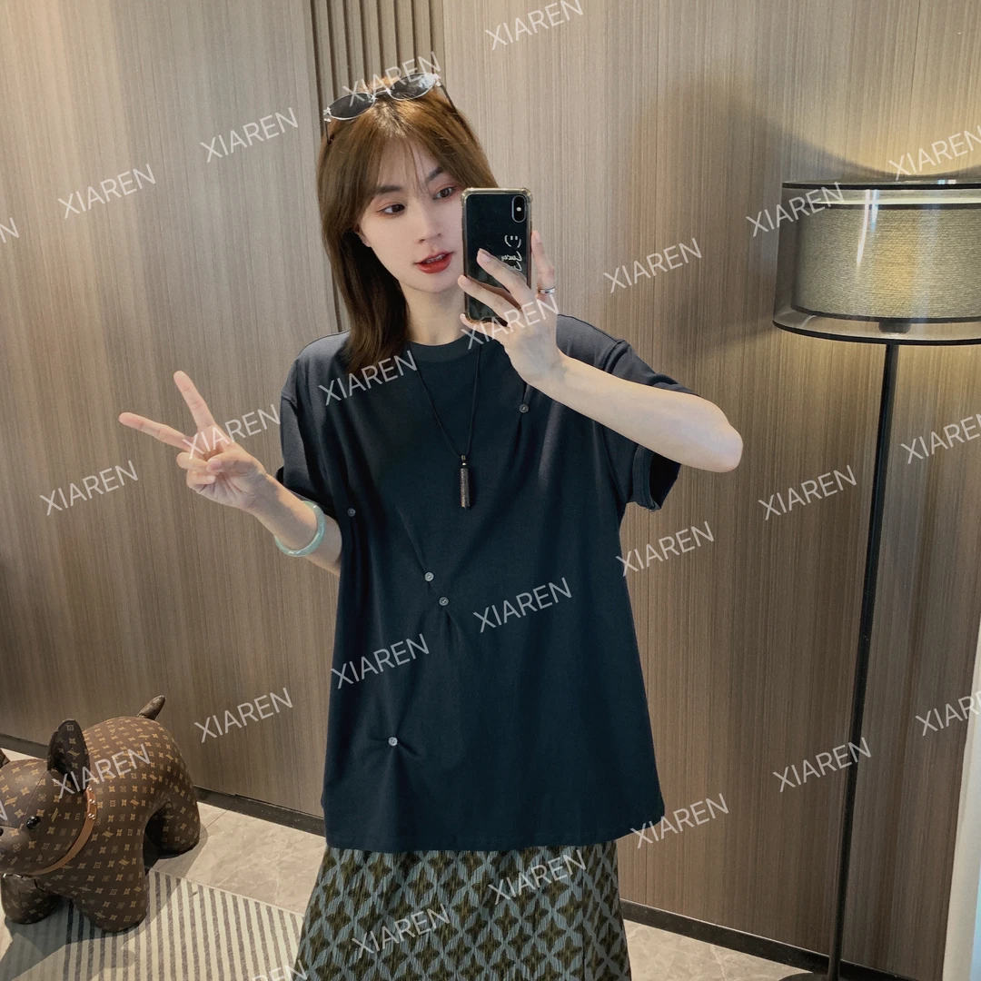 XIAREN【纽扣印花T】夏季新款T恤上衣休闲百搭时尚减龄款短袖上衣