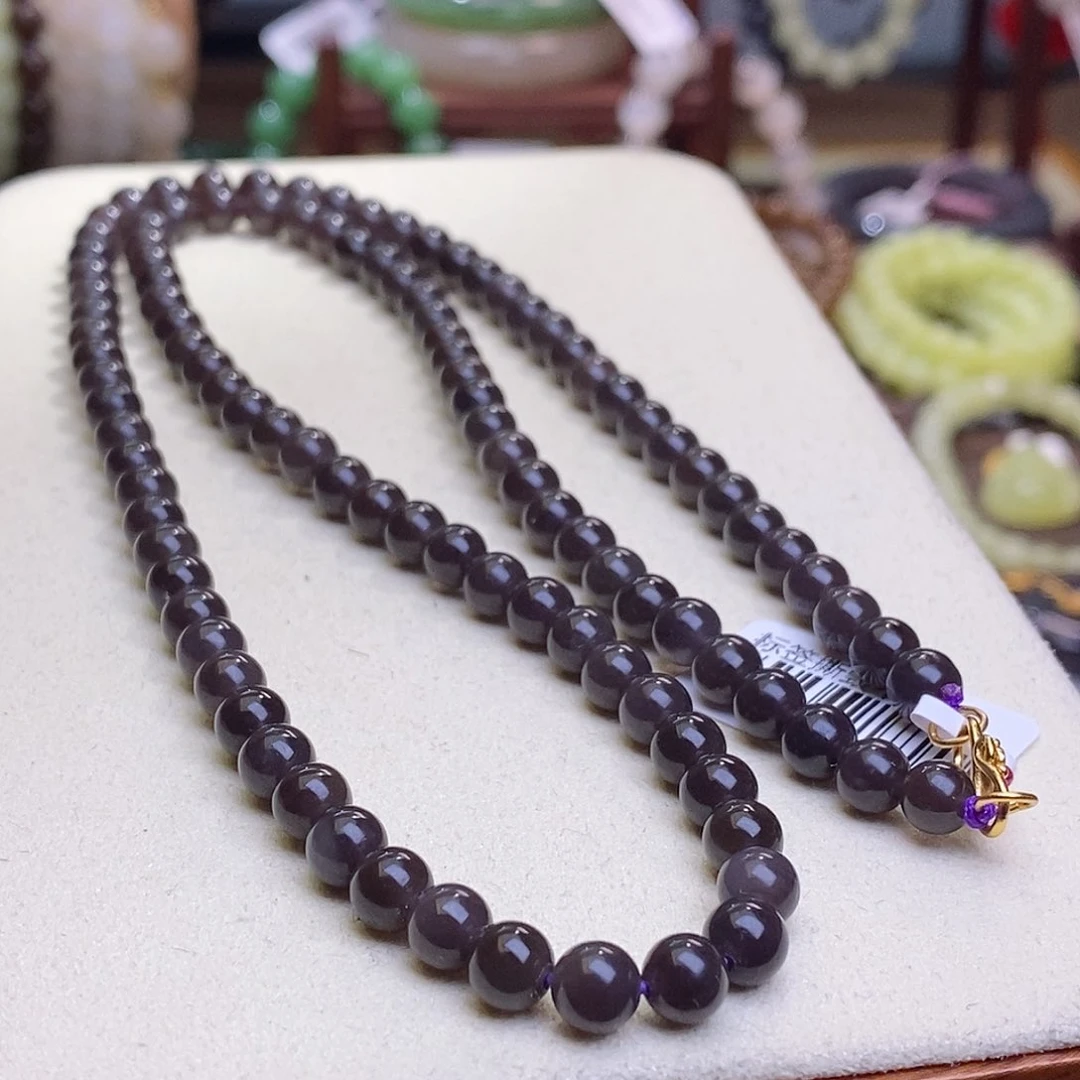 和田玉未镶嵌颈饰收藏级烟紫高冰帝王紫圆珠珠链6m