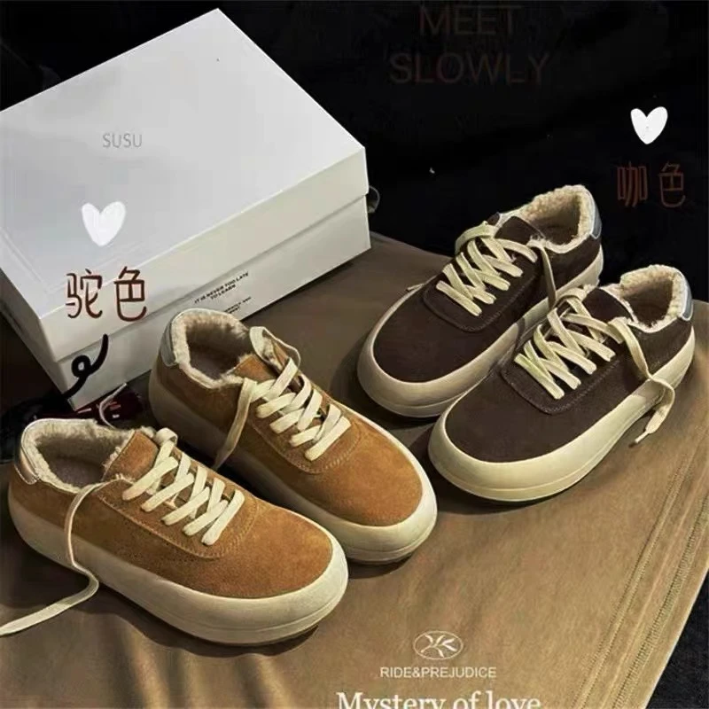 厚底加绒星星板鞋女2024冬季真皮百搭做旧脏脏鞋保暖擦色底