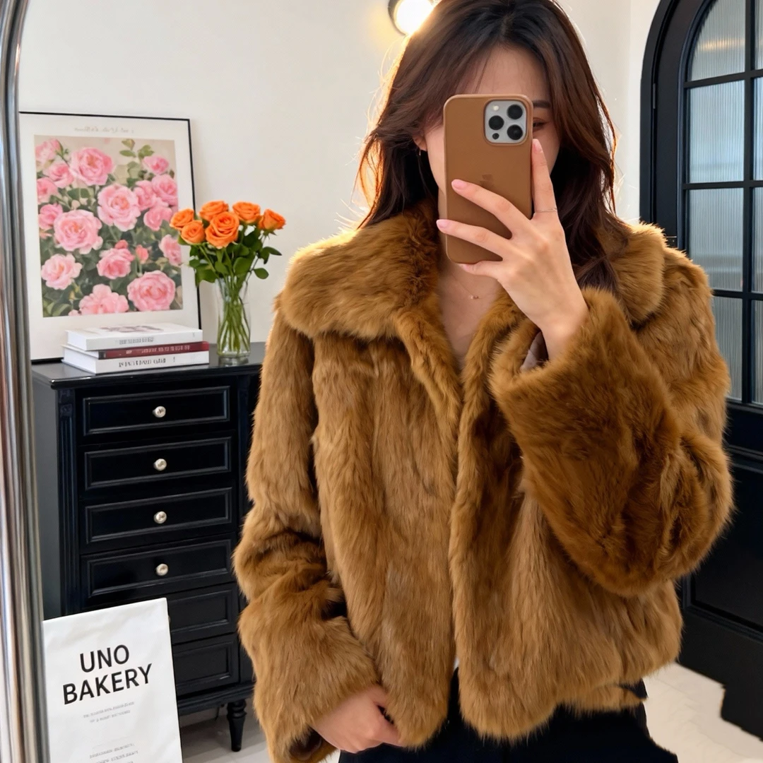 【mw1743】韩系贵气千金风兔纯色毛翻领外套女秋冬短款大衣开衫