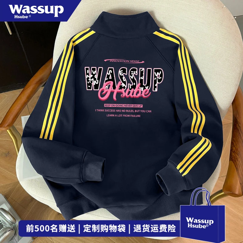 WASSUP HSUBE 高街潮牌字母印花立领外套秋冬季美式百搭开衫卫衣