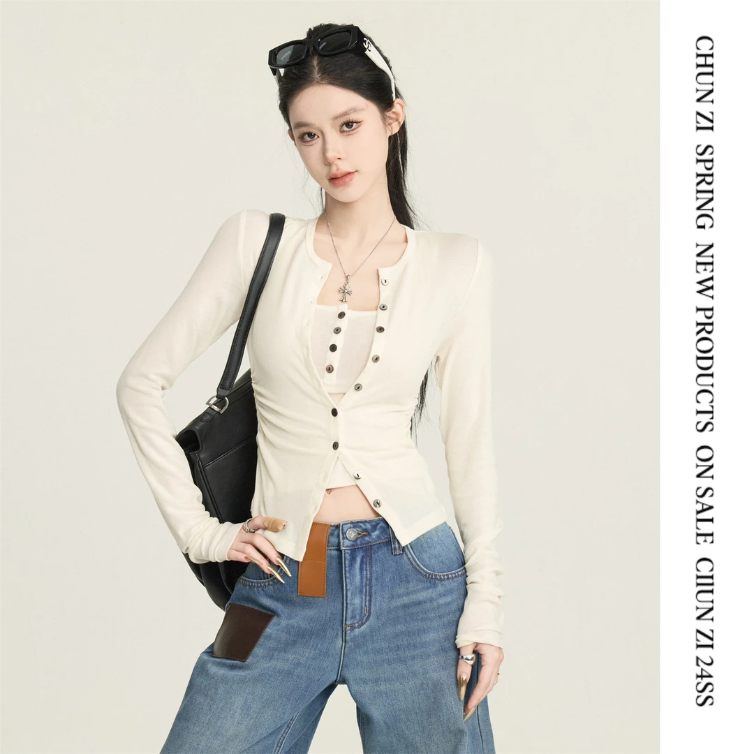 【CHUN ZI】冬季新款时髦真两件T恤女修身显瘦开衫背心两件套