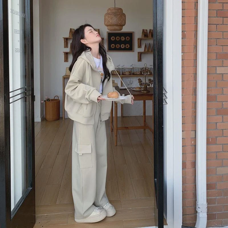 大码韩系减龄休闲连帽卫衣女春秋新款薄外套+垂坠感阔腿裤两件套