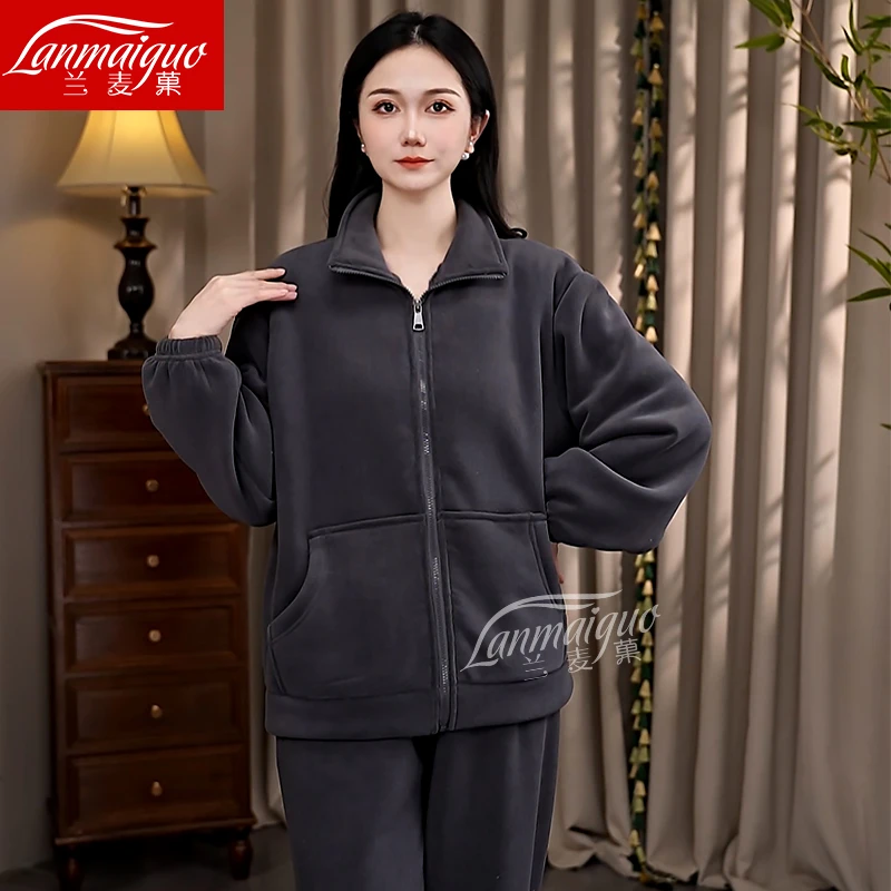 兰麦菓【灰色海豚绒】加绒保暖睡衣女2025冬季新款立领家居服可外穿